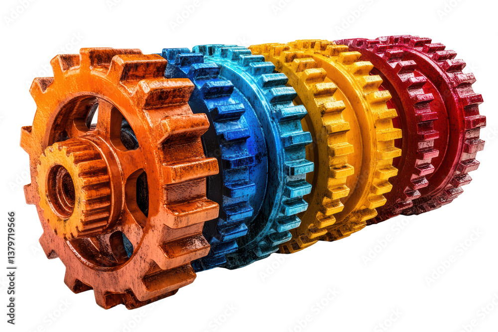 Poster Vibrant colored gears arranged in a row, showcasing precision engineering and design, ideal for thematic industrial illustrations.