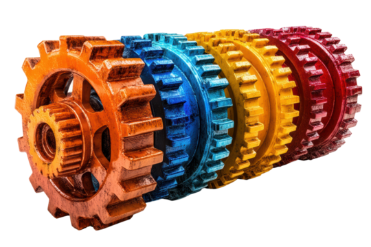 Vibrant colored gears arranged in a row, showcasing precision engineering and design, ideal for thematic industrial illustrations.