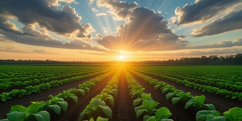 Vibrant farmland with young plants growing in perfectly aligned rows under a dramatic sky at sunrise, representing agriculture, organic farming, and environmental harmony


