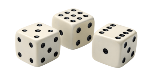 Three White Dice on png Background Representing Chance and Gaming