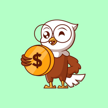 Cute Eagle Holding Coin Cartoon Illustration. Study icon concept. Flat cartoon style