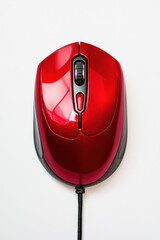 Red Computer Mouse with Cable on White Background