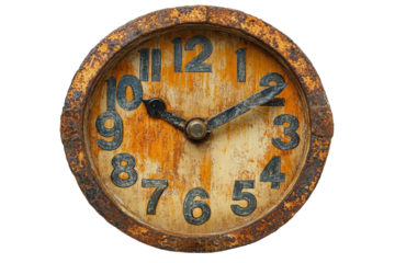 Vintage clock with rustic details, wood texture, and bold numbers on a white isolated background.
