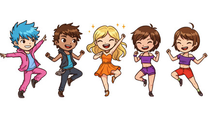 Group of Diverse Cartoon Children Celebrating Together with Happy Expressions