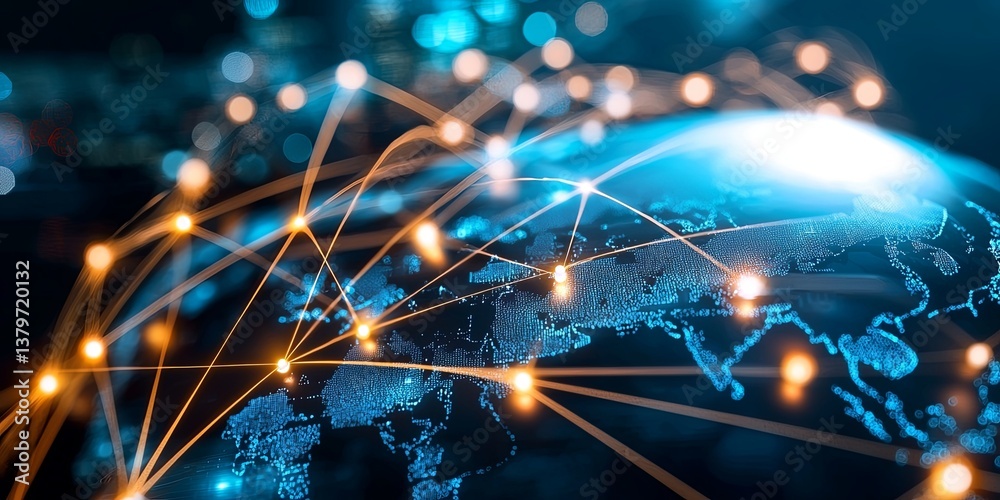 Leinwandbilder a dynamic network of lines, like the branches of a tree, connects nodes scattered across a global ma