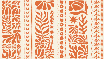 Seamless pattern with ink doodle abstract flowers and leaves in vertical stripes. Trendy tropical background. Hand drawn vector illustration. Boho, beach, jungle wallpaper.