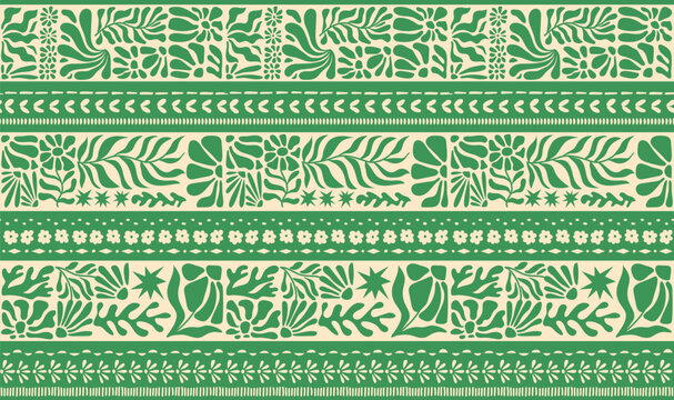 Fototapeta Seamless pattern with ink doodle abstract flowers and leaves in horizontal stripes. Trendy tropical background. Hand drawn vector illustration. Boho, beach, jungle wallpaper.