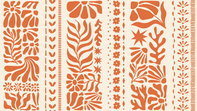 Fototapeta Seamless pattern with ink doodle abstract flowers and leaves in vertical stripes. Trendy tropical background. Hand drawn vector illustration. Boho, beach, jungle wallpaper.