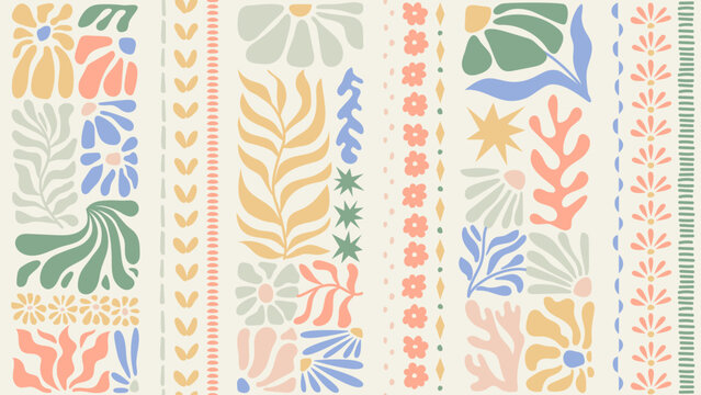 Fototapeta Seamless pattern with ink doodle abstract flowers and leaves in vertical stripes. Trendy tropical background. Hand drawn vector illustration. Boho, beach, jungle wallpaper.