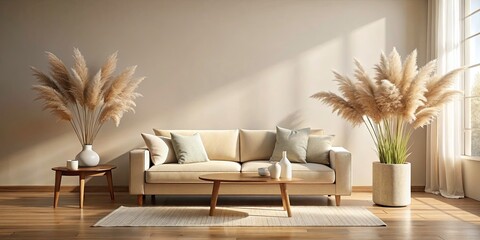 Beige Sofa Pampas Grass Minimalist Living Room Panoramic Photography Interior Design
