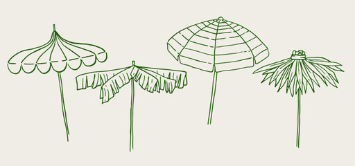 Set of various beach umbrellas. Tropical palm tree leaves parasols. Hand drawn ink vector illustration. Elements for poster, social media, banners, invitation. Trendy coastal summer sketch template.  