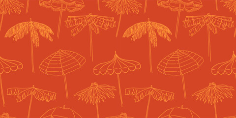 Seamless pattern with beach umbrellas.Tropical palm tree leaves parasols. Hand drawn ink vector illustration.Elements for poster, social media, banners, invitation.Trendy coastal summer sketch. © Radiocat