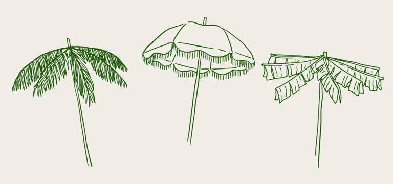 Set of various beach umbrellas. Tropical palm tree leaves parasols. Hand drawn ink vector illustration. Elements for poster, social media, banners, invitation. Trendy coastal summer sketch template.  