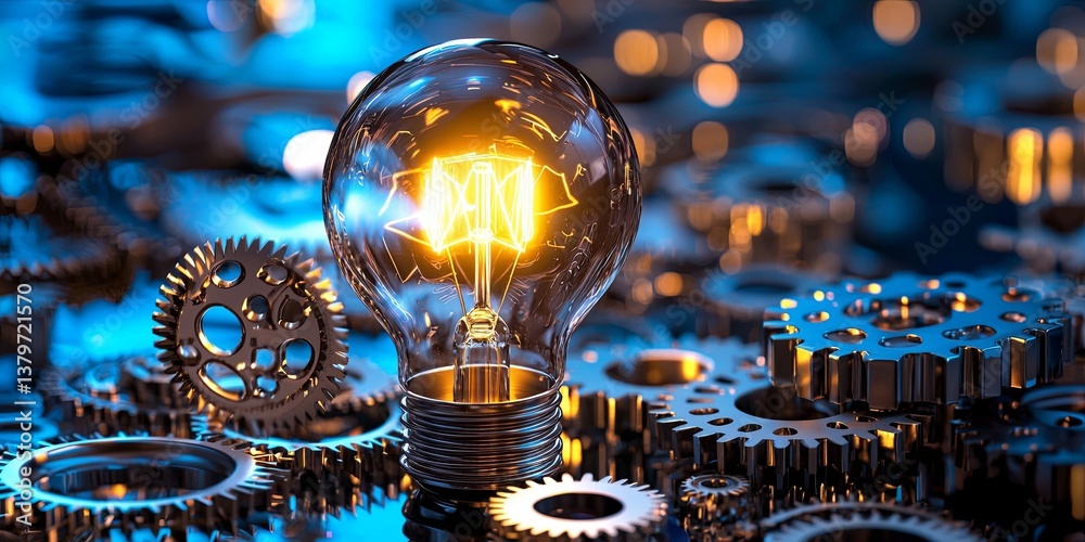 Poster a brilliant lightbulb, its filament glowing, is surrounded by intricate cogs and gears, symbolizing 