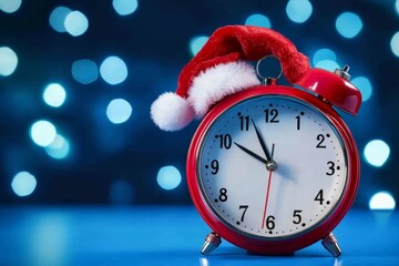 Festive Red Alarm Clock with Santa Hat on a Blue Background 