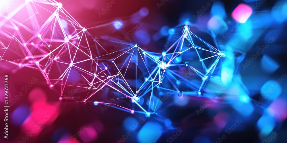 Poster A dynamic network of interconnected, pixelated polygons forming a vibrant plexus, symbolizing the intricate flow and interconnectedness of digital data, presented in a sl