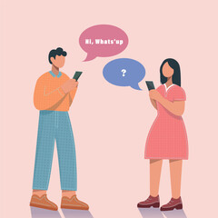 Cartoon vector illustration of a young couple with mobile phones, a modern love design