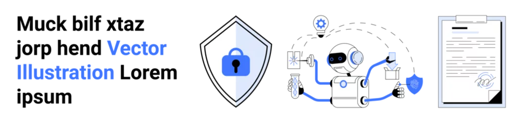 Fotobehang Robot managing security tasks with lock inside shield, document validation, and data flow. Ideal for cybersecurity, AI, technology, privacy, authentication, automation and flat landing page banner © robu_s