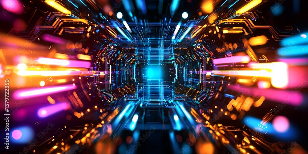 Poster A dynamic, futuristic pattern of swirling, iridescent colors, reminiscent of a digital circuit board, pulsating with a subtle energy, forming a backdrop for a technologic