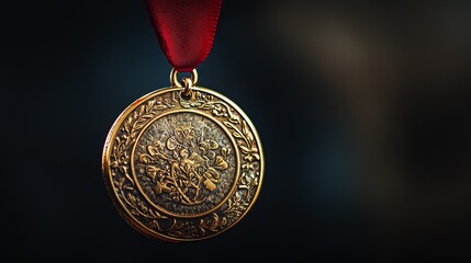 A Golden Medal With Red Ribbon Hanging Against Dark Background
