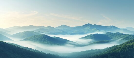 Mountain range scene displaying layered hills with atmospheric fog rolling through valleys