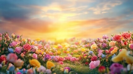 Fototapeta premium Sunset Serenade: A Vibrant Rose Garden bathed in Golden Hour Light