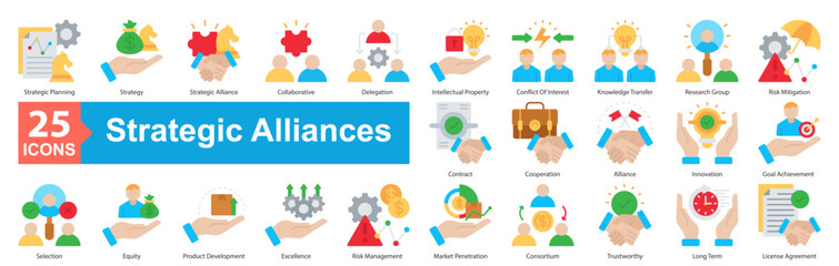 Fototapeta premium Strategic Aliances Icon sheet vector strategic planning, strategy, strategic alliance, collaborative, delegation, intellectual property, conflict of interest, knowledge transfer, research group, risk 