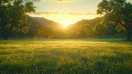 Obraz premium Sunrise meadow, lush trees, valley, serene landscape