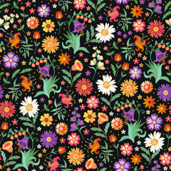 Seamless floral embroidered pattern with garden flowers on black background.