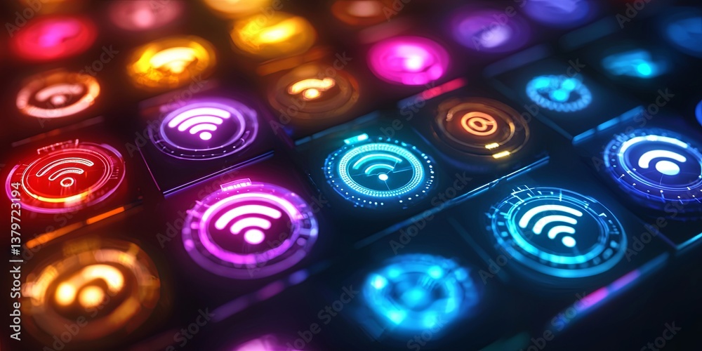 Poster a collection of diverse wifi icons, each radiating a distinct aura, symbolizing connectivity, speed,