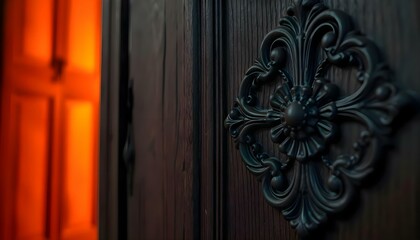 close up of a door with an orange light in the background