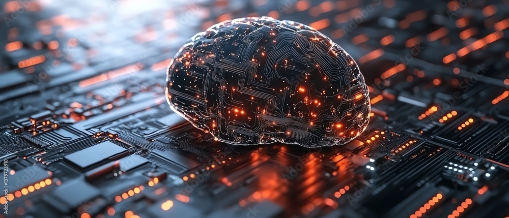 Poster futuristic 3d brain with a complex ai circuit system, glowing neural connections, representing artif