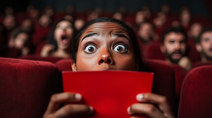 Audience reacting with fear while watching a scary movie film