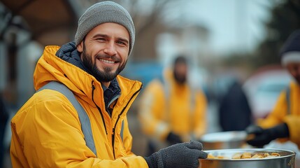 Smiling man in yellow jacket offering food outdoors to others