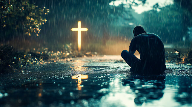 Man, god and rain with depressed for mercy with plead or cry for help with test of faith with glow cross. Mental health, doubt or loss with grief, hopeless and trouble with spiritual crisis outside