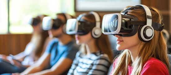 People experiencing virtual reality with headsets and accompanying headphones together