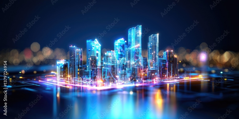 Aufkleber a sleek, low-polygon cityscape of glowing blue, its intricate network of interconnected nodes formin