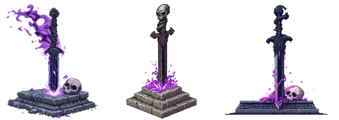 8 bit  Pixel Art Cursed Obsidian Sword with Skull Hilt and Purple Dark Magic Aura, Isolated on Transparent Background