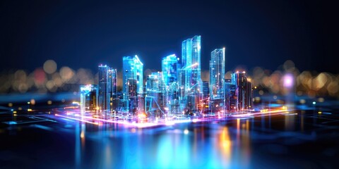 Fototapeta premium A sleek, low-polygon cityscape of glowing blue, its intricate network of interconnected nodes forming a futuristic representation of blockchain technology, set against a