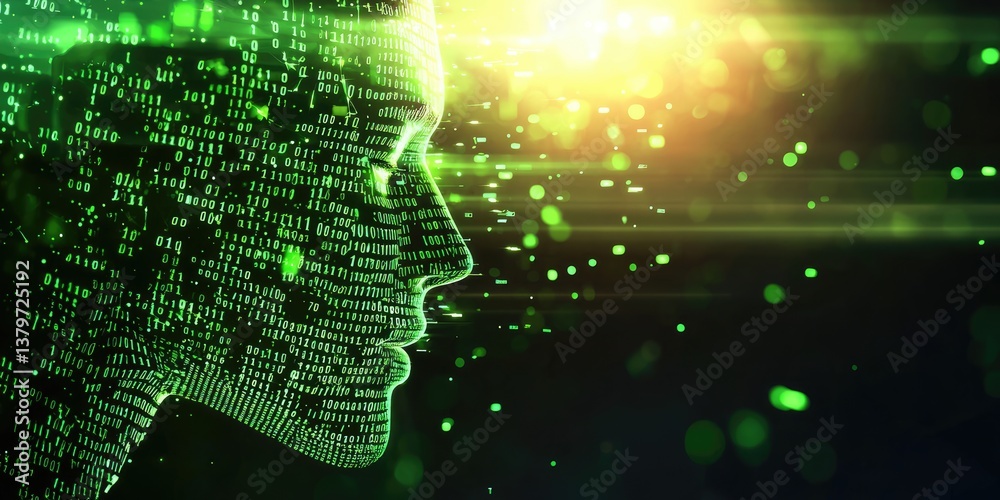 Poster A dark, digital canvas explodes with vibrant green binary code, forming a menacing silhouette of a head, symbolizing a data breach or the insidious threat of hacking, lea