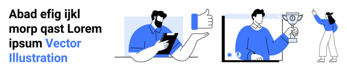 Team member reviewing tablet, thumbs-up icon, virtual call with trophy celebration, person pointing upward. Ideal for business, collaboration, success, motivation, communication remote work simple