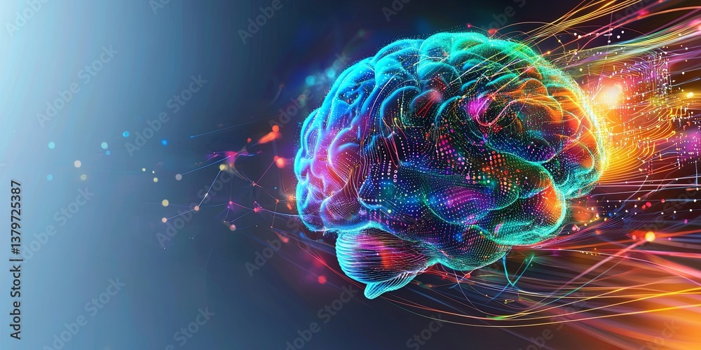 Poster A vibrant, swirling nebula of blue, green and orange pulsated, symbolizing the complexity of the human brain. Within this intricate network, intricate lines of code and b