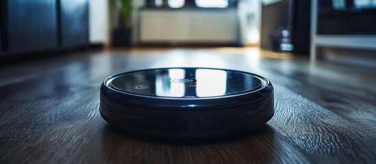 A black autonomous vacuum cleaner sits on a wooden floor