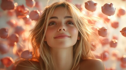 Fototapeta premium Woman looks upward with happy expression surrounded by floating piggy banks