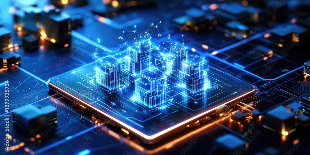 Leinwandbilder a sleek, low-polygon cityscape of glowing blue, its intricate network of interconnected nodes formin