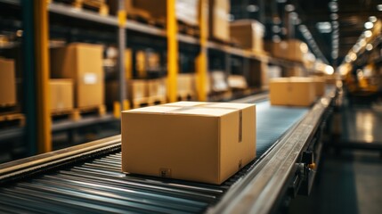 Logistics and Warehouse: Cardboard Boxes on Conveyor Belt