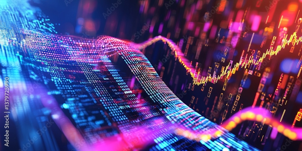 Aufkleber A vibrant, pulsating 3D illustration of data waves, a digital symphony of lines representing crypto transactions and information flows. This futuristic cyber concept embo