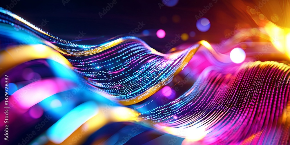 Poster A vibrant, pulsating 3D illustration of data waves, a digital symphony of lines representing crypto transactions and information flows. This futuristic cyber concept embo