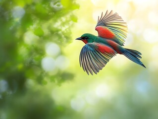 Colorful Bird Flying in Green Forest with Sunlight Streaming Through Trees