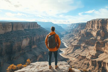 A person wearing a backpack looking over a large canyon landscape